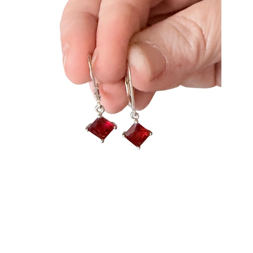 .925 sterling silver dangle earrings with red square cut stone shepherds hook